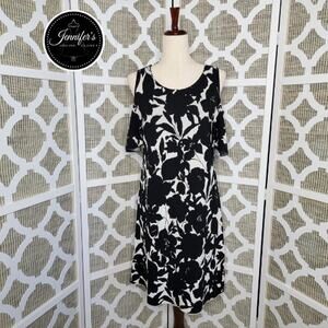 Ann Taylor Black & White Floral Cold Shoulder Sweater Dress Size Large